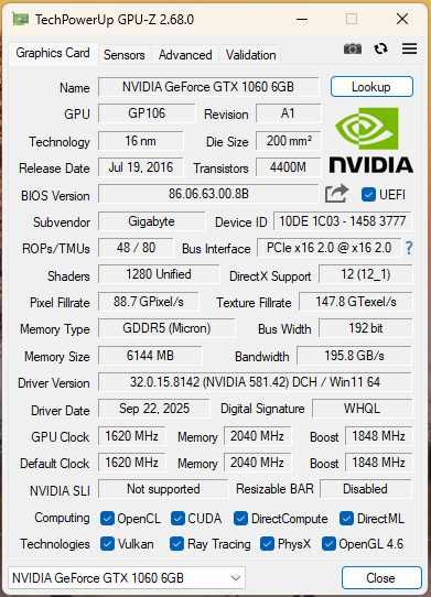 AORUS GeForce® GTX 1060 Xtreme Edition 6G (rev. 2.0)