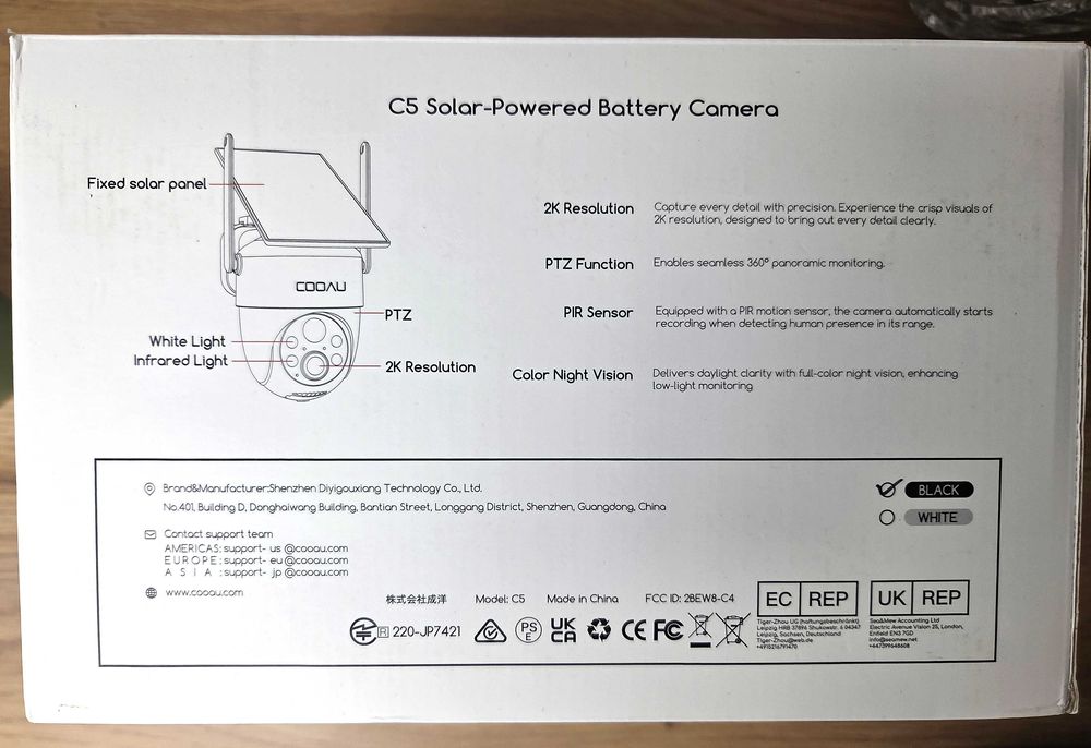 Kamera solarna WiFi Bluetooth COOAU C5 2K 360° – bezprzewodowa