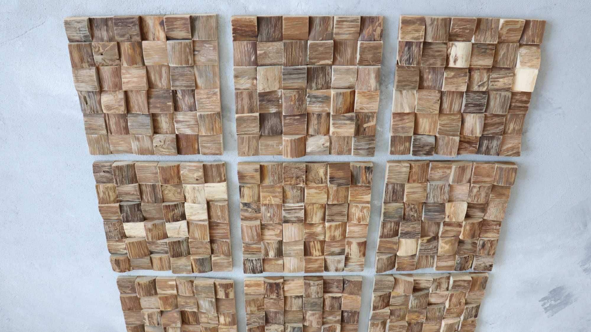 Panel ścienny akustyczny drewniany, drewno z recyklingu, kostka 3D
