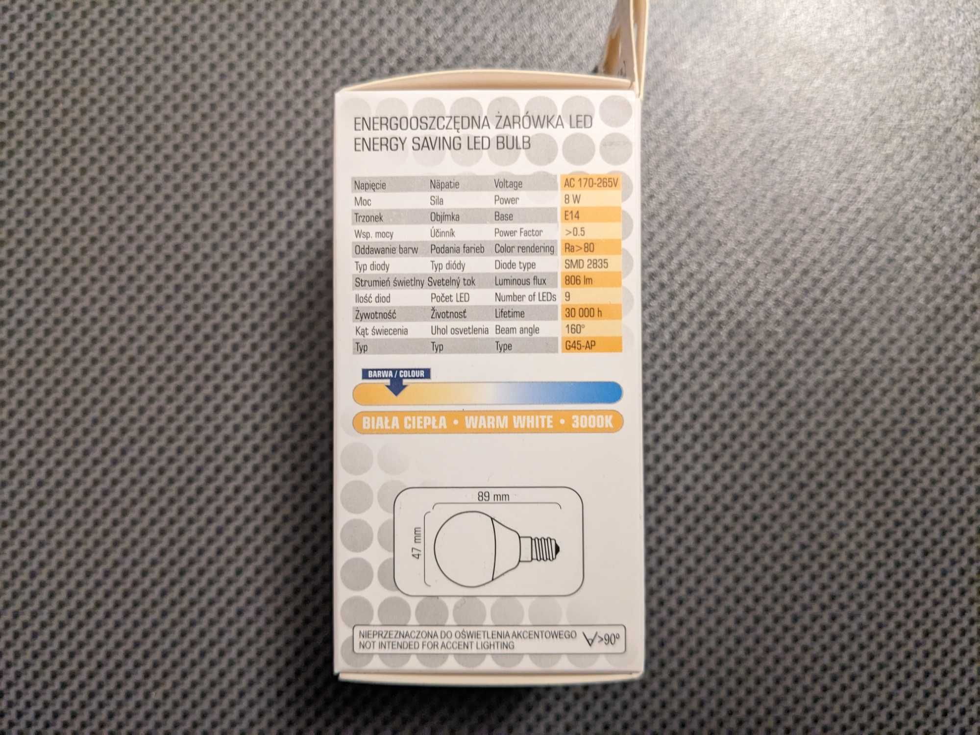 Żarówki nowe Led E14 8W=60W 806lm 3000K ciepła barwa - 2szt.