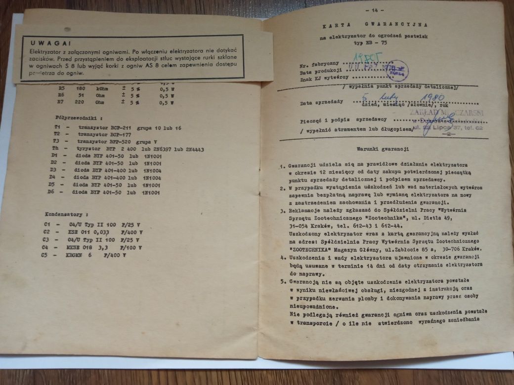 Instrukcja obsługi elektryzatora typ EB-75 1978r