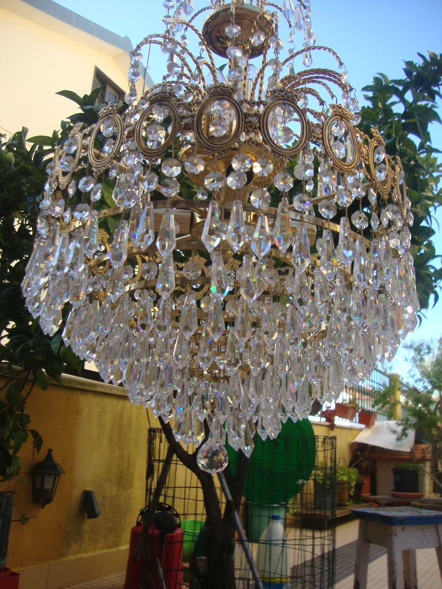 Candeeiro Dourado, Usado,  Cristal com Pingentes, 9 Lampadas E14