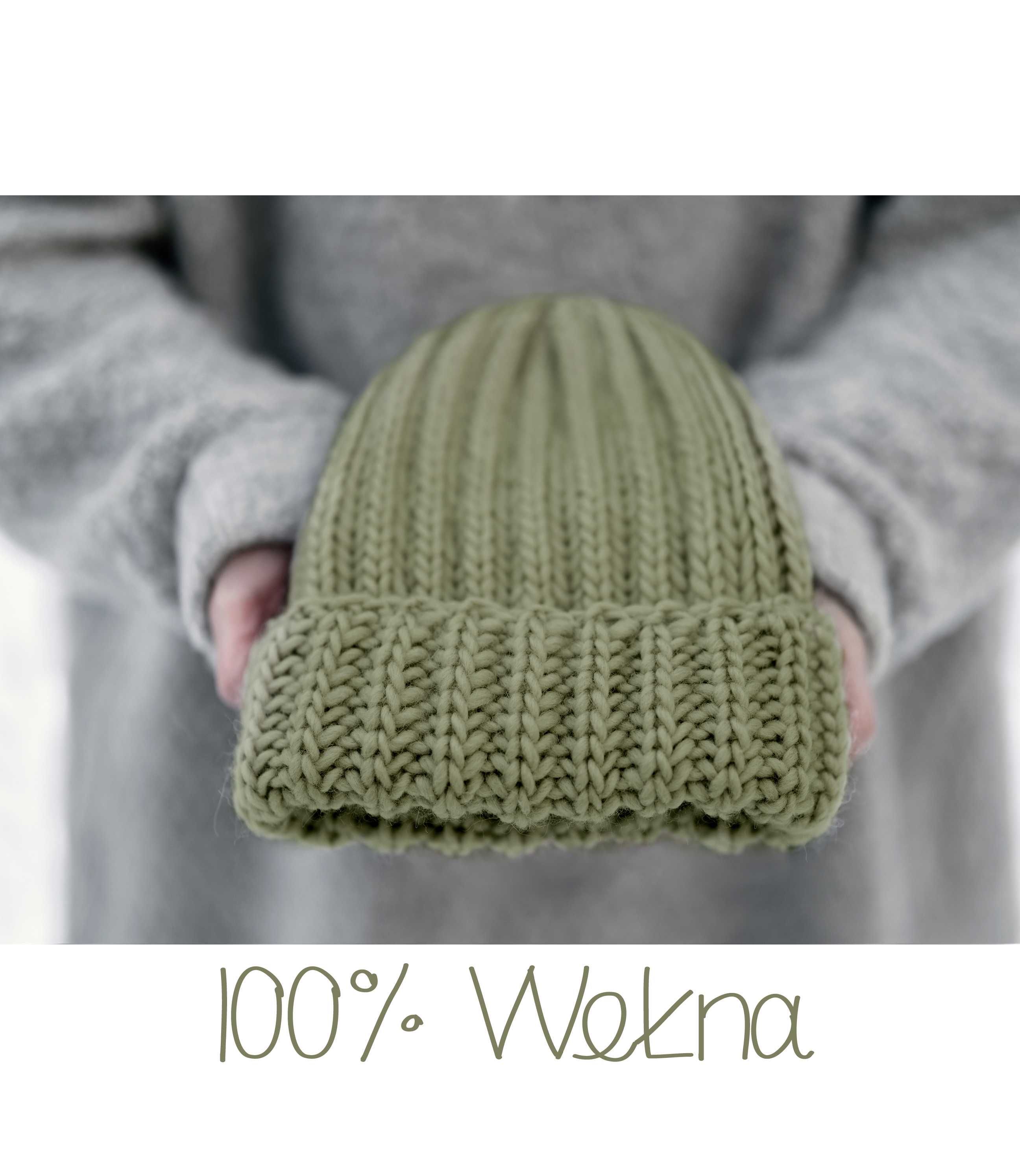 Zielona szałwiowa gruba ciepła czapka beanie rękodzieło handmade