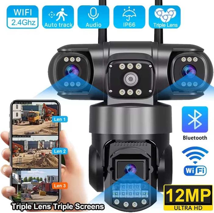 Inteligentna Kamera sieciowa WiFi  potrójna 4K 3x4MP + Karta SD 64GB!