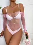 Seksowne siatkowe body z cyrkonią rękaw bodystocking jasny różowy