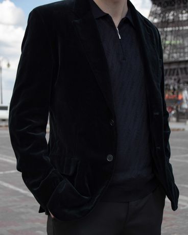 Мужской пиджак Zara XL велюр чёрный бархатный винтаж классика