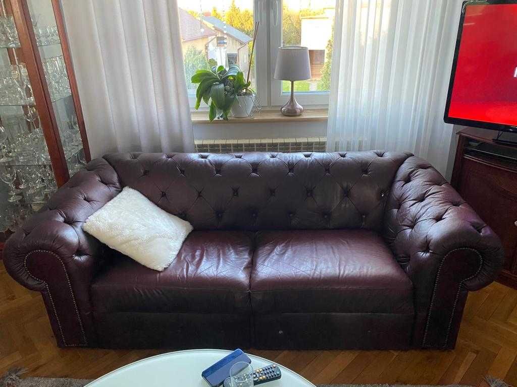 Skórzany komplet wpoczynkowy pikowany 3+2+1 typu chesterfield