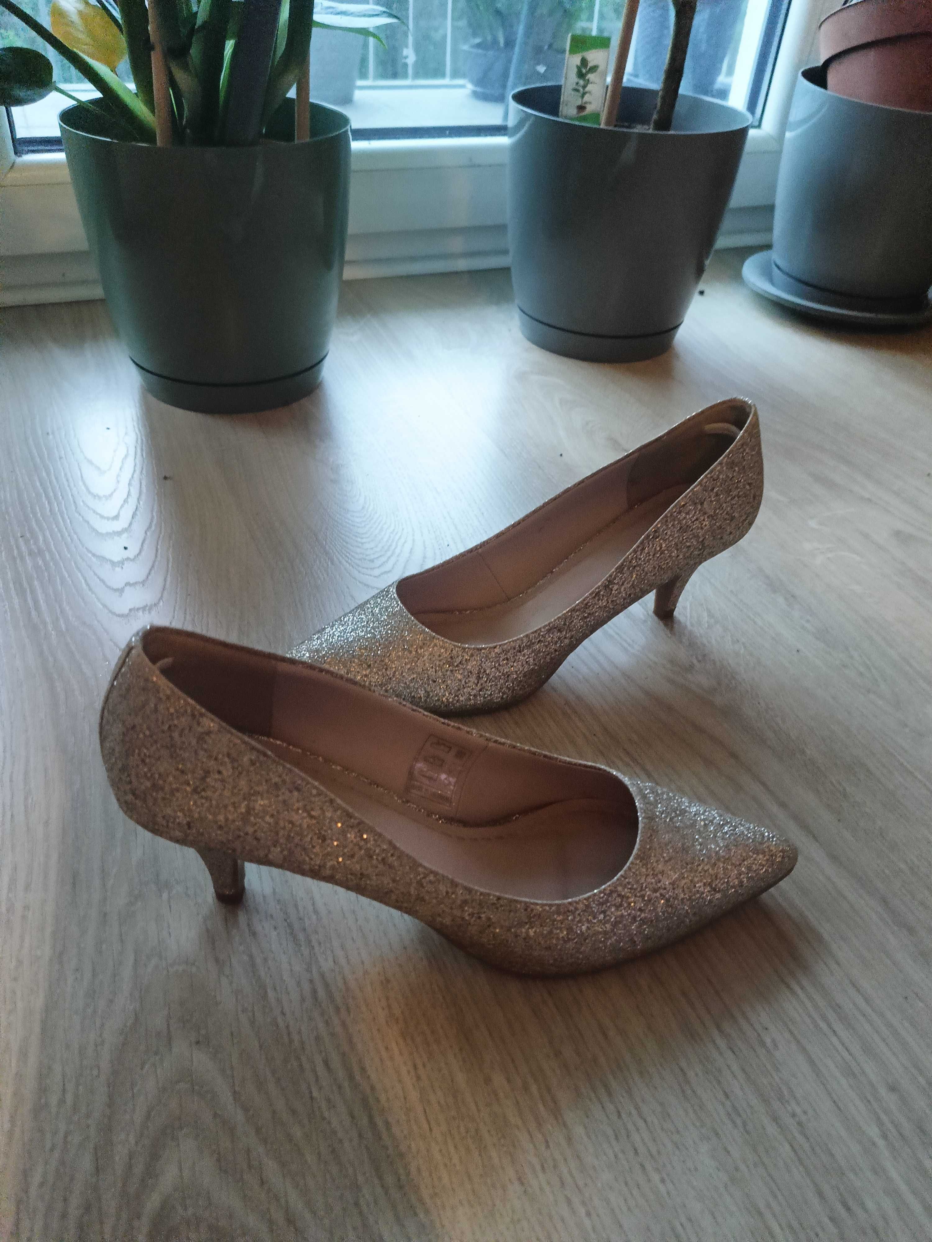 Czółenka na Niskim Obcasie SZpilki BROKATOWE Buty ZŁOTE DAMSKIE