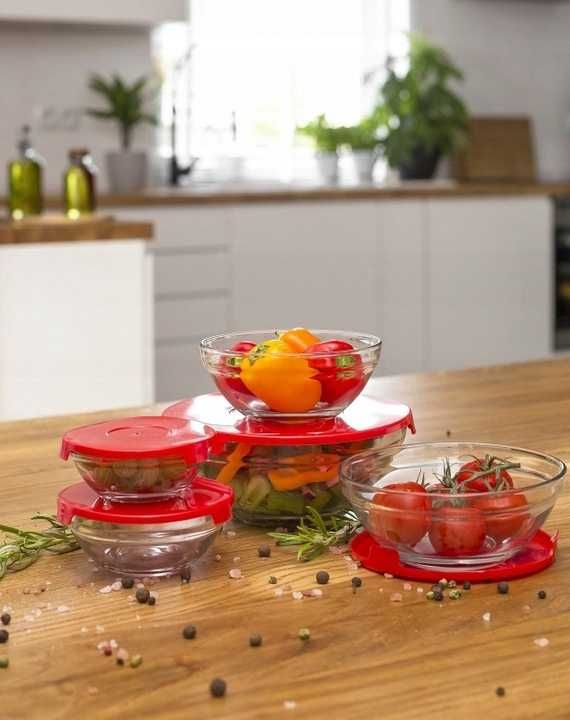 MISKI SZKLANE kuchenne zestaw Z POKRYWKAMI 5szt czerwone red
