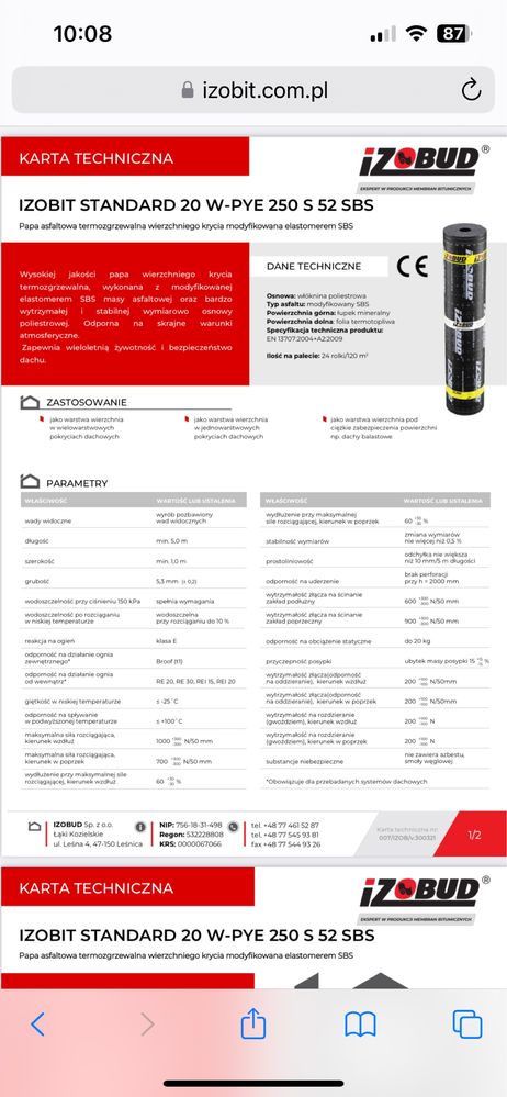 Papa termozgrzewalna IZOBUD izobit standard 20 w-pye 250 s 52 sbs