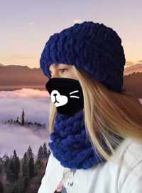 Шапка та шарф-снуд стильні плюшеві ручної в'язки Alize Puffy