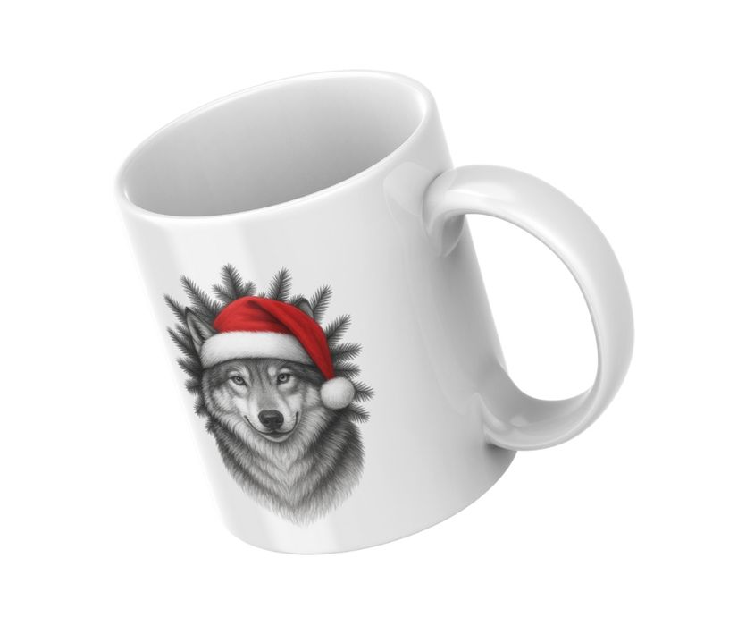 Kubek świąteczny z wilkiem w czapce Mikołaja – Wilcza Magia Świąt