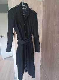 Długi płaszcz czarny Zara wełniany + wiskoza guziki pasek  xs/s