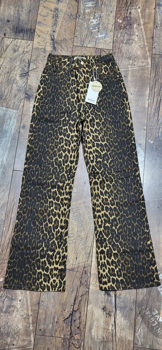 Spodnie dżinsy dzwony wysoki stan panterka jeansy bawełna S