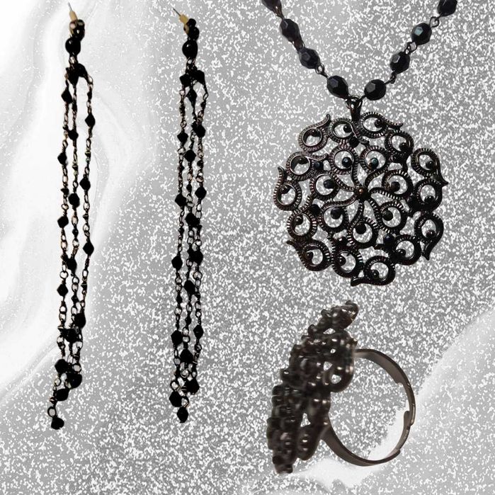 Эффектный Набор украшений из черных бусинок - Колье, Сережки, Кольцо