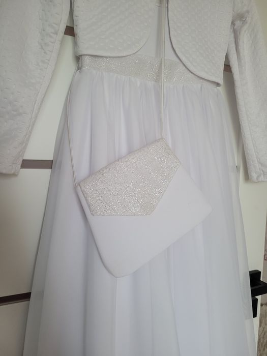 Sukienka komunijna biała literka A lekko rozkloszowana bolerko torebka