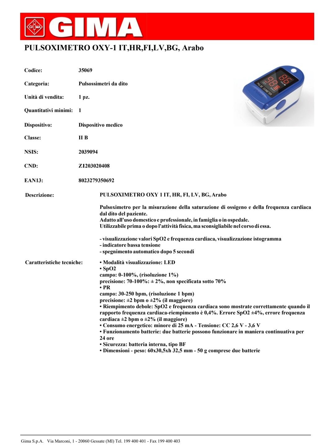 Oxímetro digital portátil GIMA-OXY-1 ( Novo-Selado)