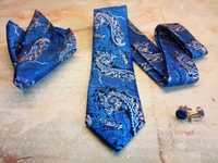 Piękny Niebieski w kwiaty Krawat + Poszetka i spinki na wesele