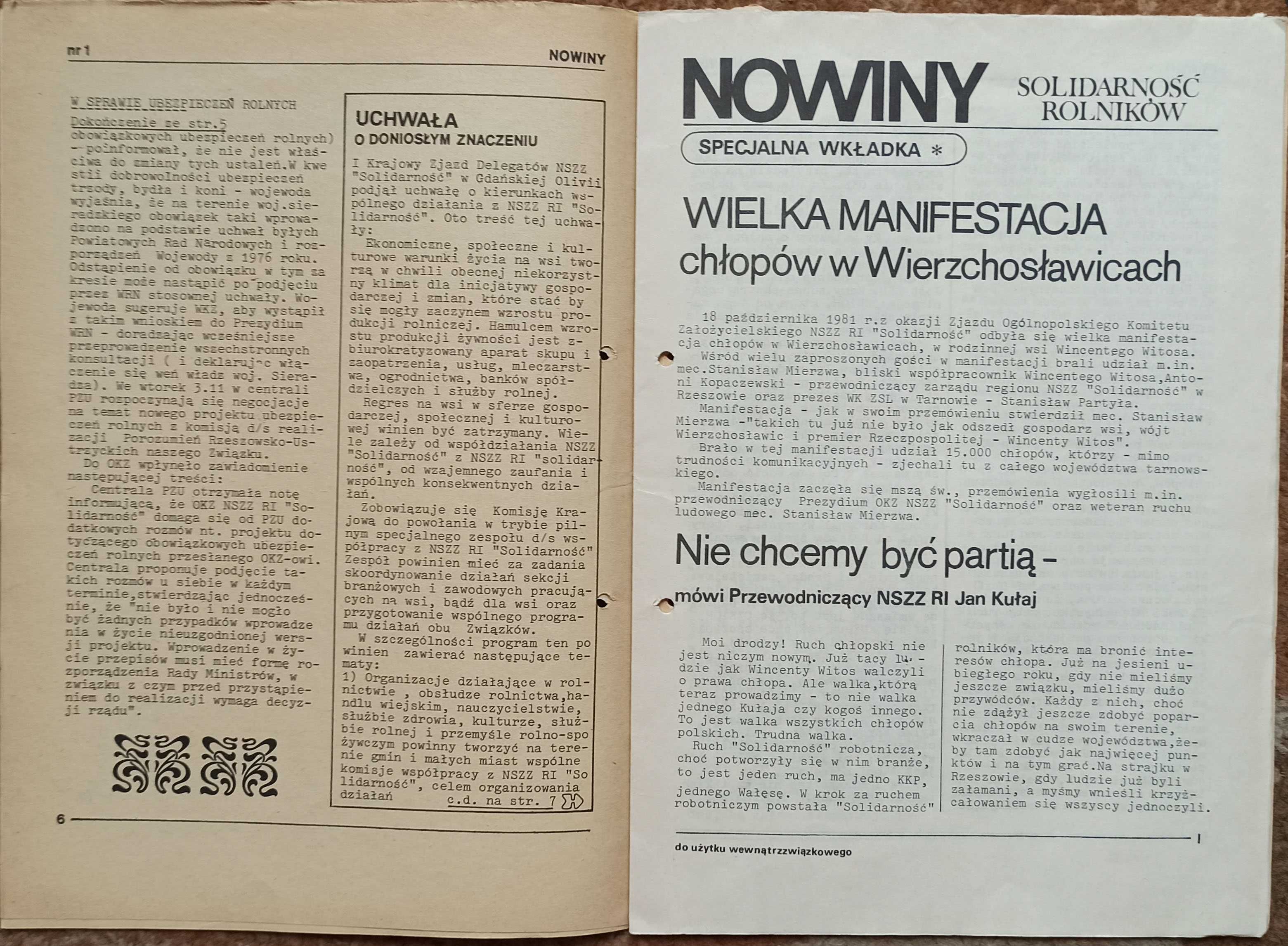 Nowiny  Solidarność Rolników Nr 1  z 1981 roku