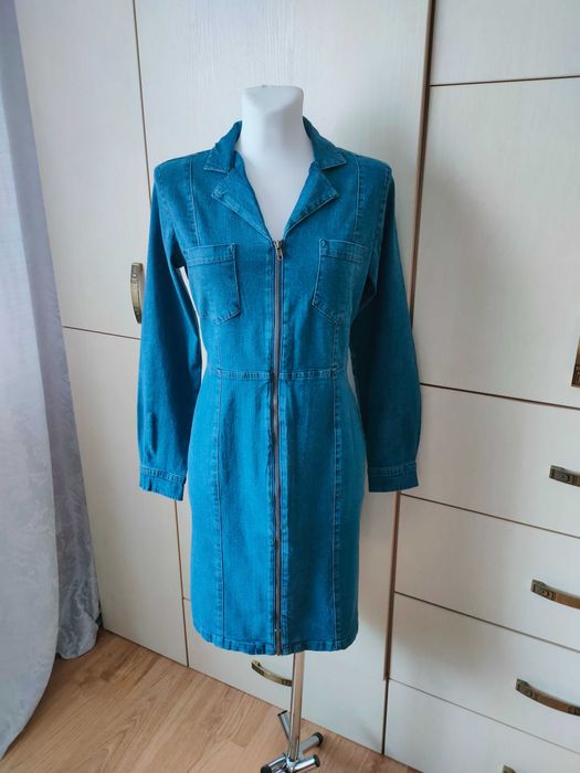 John Baner NOWA niebieska sukienka jeansowa 40 L ołówkowa długi rękaw