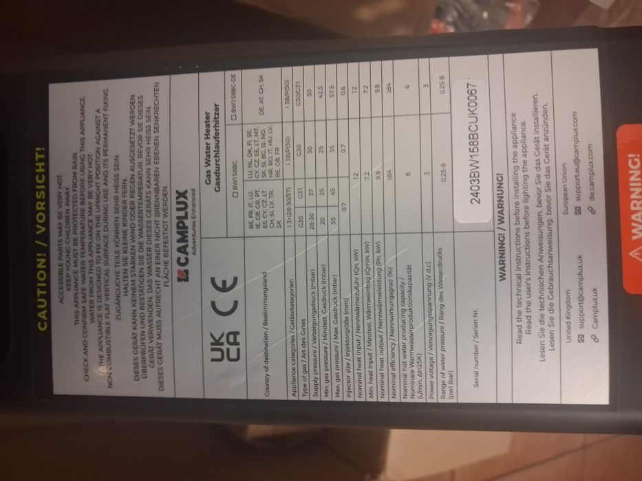 Camplux Gazowy Podgrzewacz Wody 6 Litrów butan/propan 12kW BW158BC