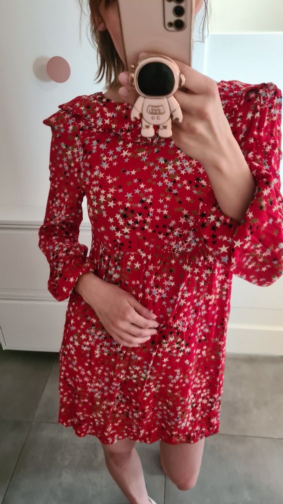 M&S XS 34 piękna czerwona sukienka babydoll z kołnierzem