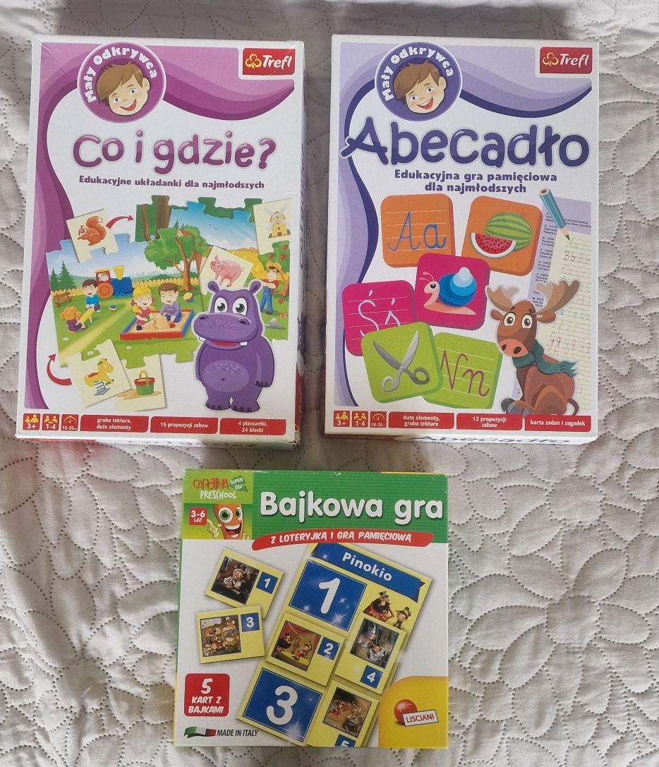 3 Gry edukacyjne "Co i gdzie", "Abecadło", "Bajkową gra"