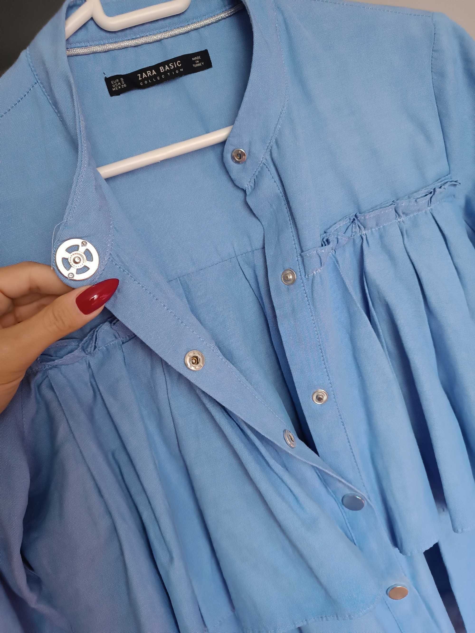 Niebieska koszula z falbaną Zara Basic zatrzaski baby doll