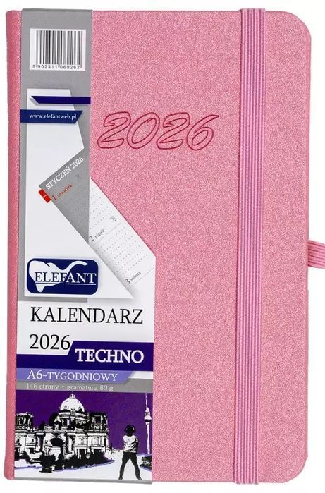 Kalendarz 2026 A6 tygodniowy Techno, różowy. Elefant