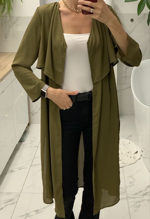 Narzutka lekki plaszcz tunika khaki oliwkowa na jesien do pracy 36