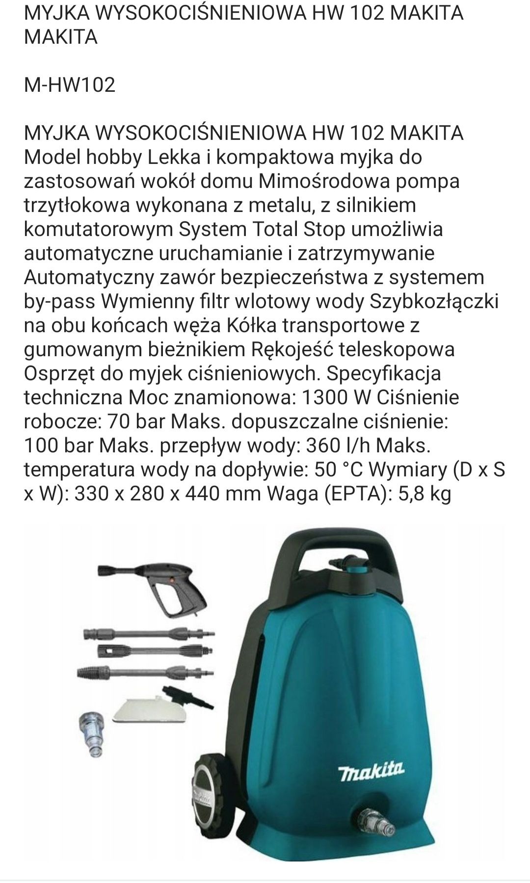 Myjka ciśnieniowa Makita 70 bar 1300 W