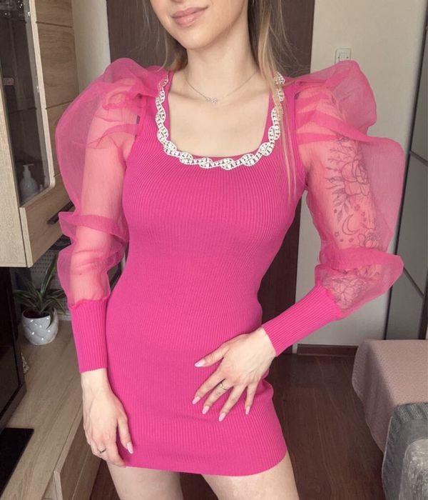 Sukienka mini fuksja bufiaste tiulowe rękawy s m petite