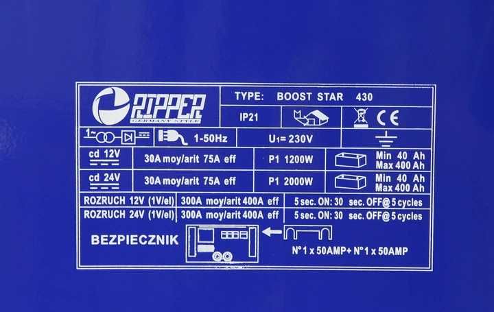 RIPPER Prostownik z rozruchem LCD 12/24V 40-400Ah CLASS430 kable