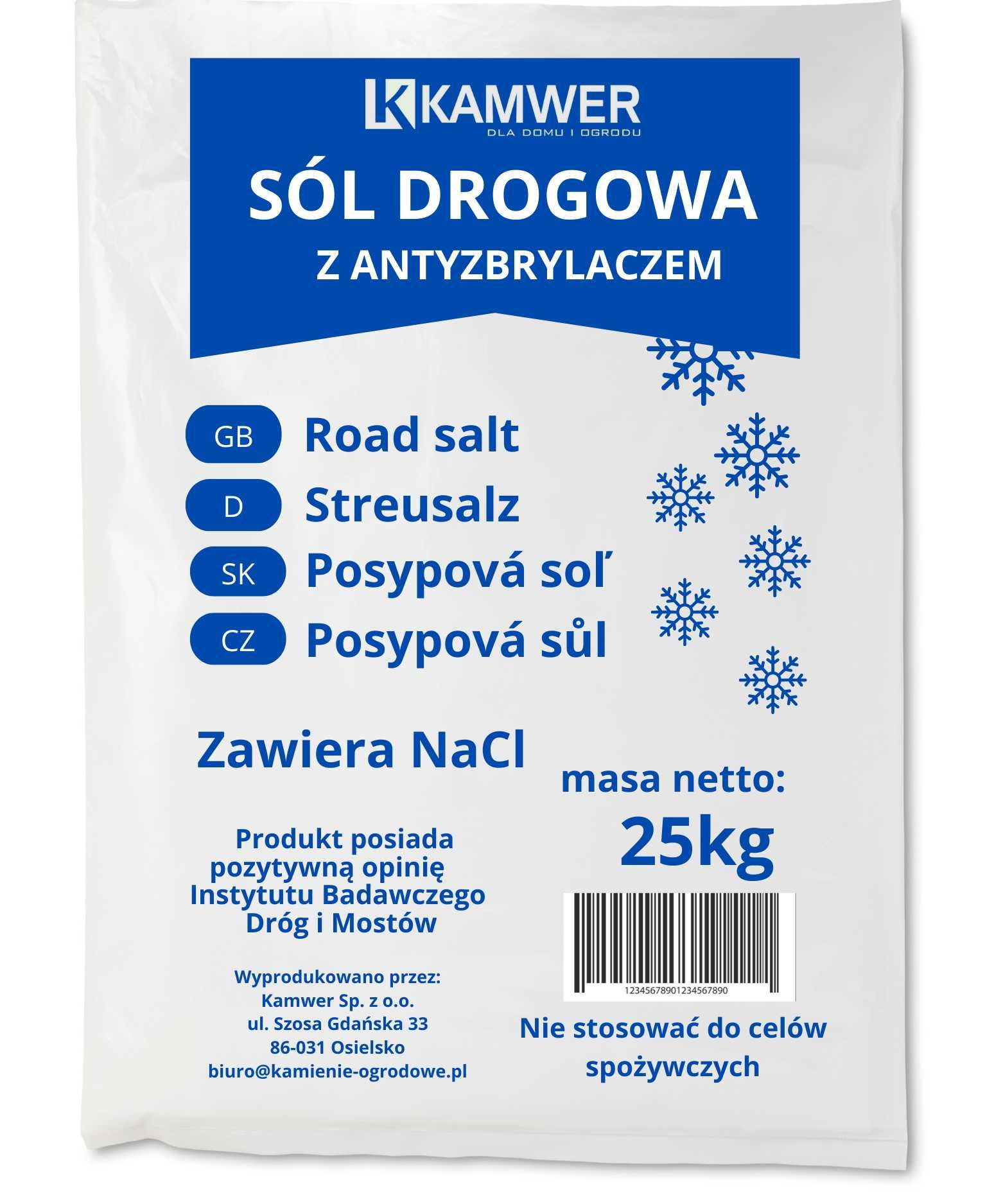 Sól drogowa z antyzbrylaczem workowana 1 paleta 40 worków x 25 kg