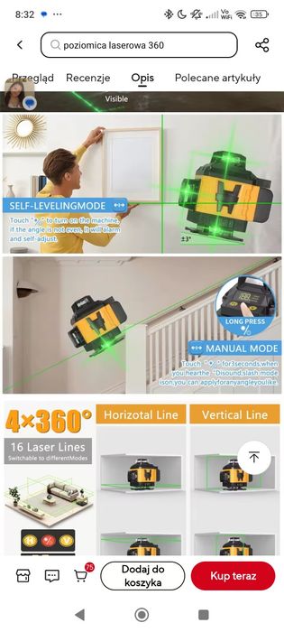 Poziomica laserowa 4d 360,statyw, 2 baterie, walizka,pilot,