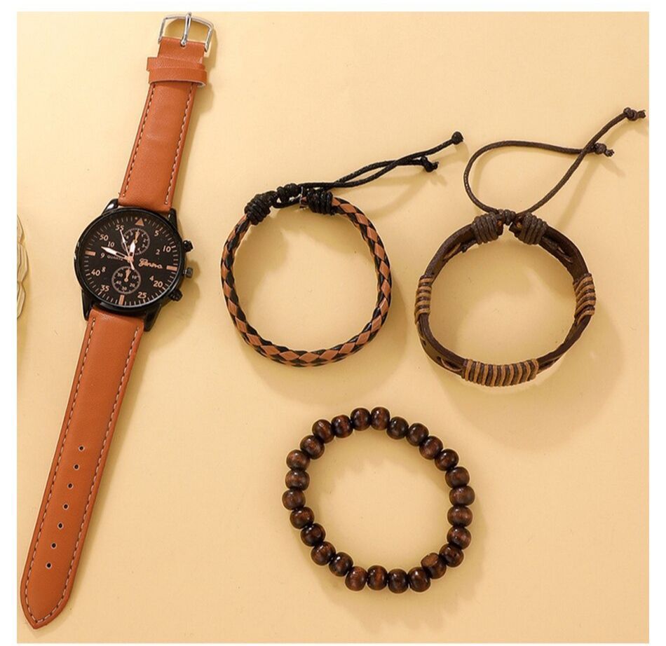 Набір Geneva - коричневий чоловічий годинник та 3 браслети