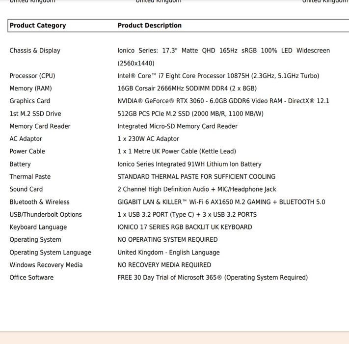 Laptop PCSpecialist i7 10875h rtx 3060