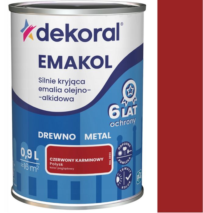 Dekoral Emakol Strong Czerwony Kamrinowy Połysk 0,9l Farba Emalia