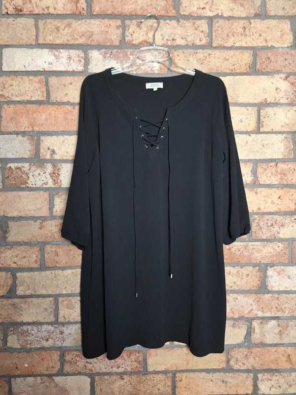 Czarna sukienka tunika z wiązanym dekoltem rękawy ¾ elegancka 40 12 L