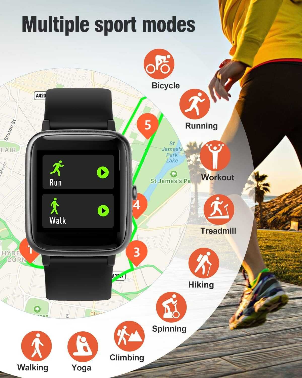 Asiameng G10 Smartwatch Monitor tętna i snu krokomierz SMS GPS sport