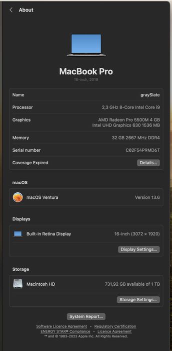 Laptop Macbook Pro 16 cali 2019