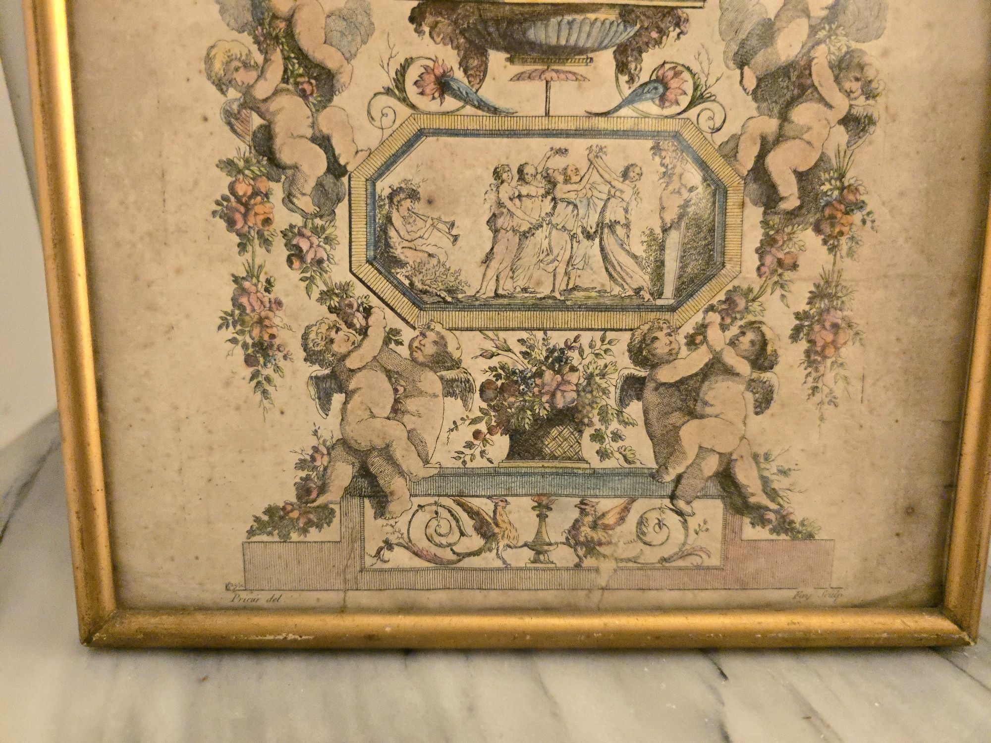 Par de Gravuras Antigas Neoclássicas – c. 1780–1810 – Coloridas à Mão