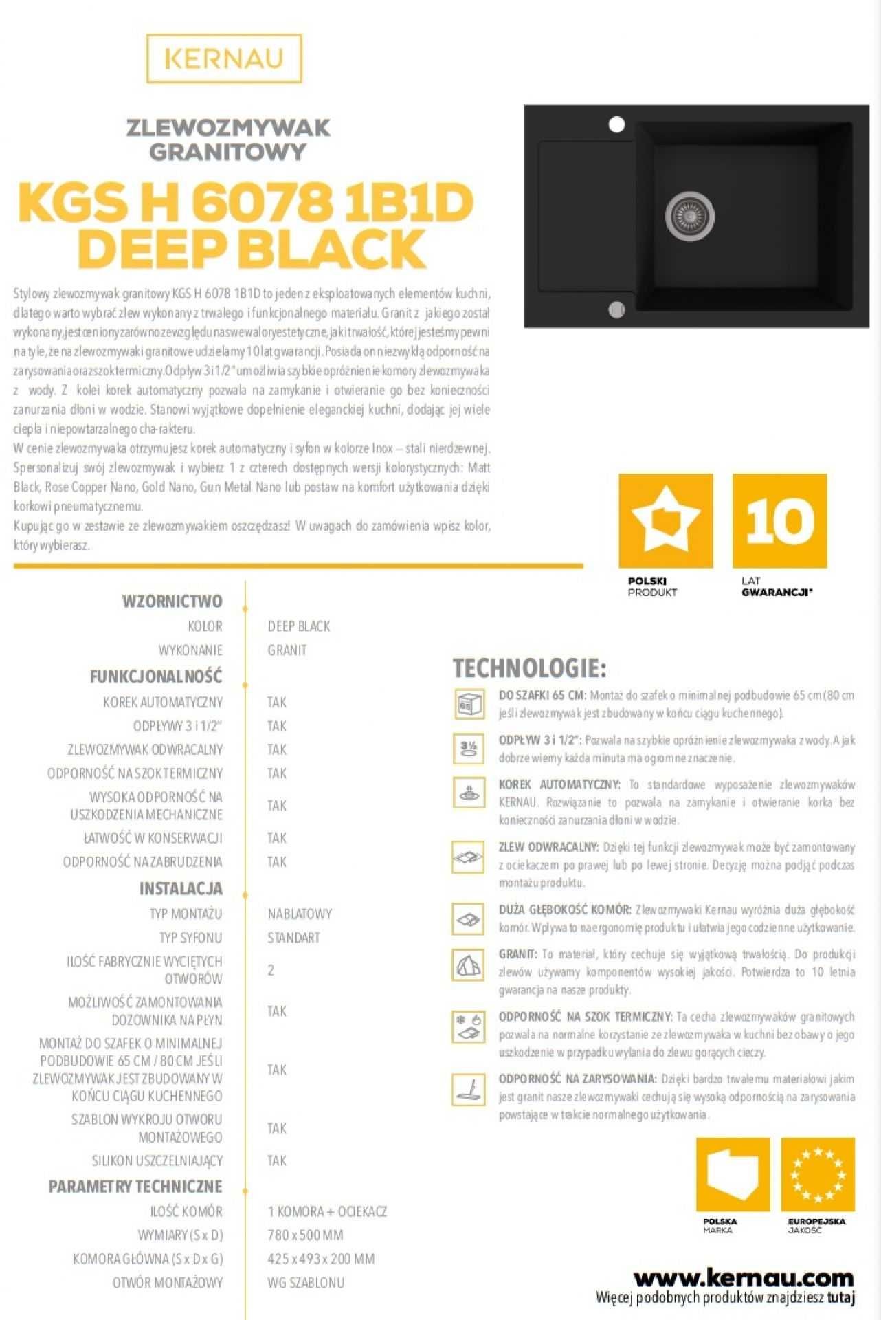 Zlewozmywak Kernau KGSH 6078 1B1D - deep black