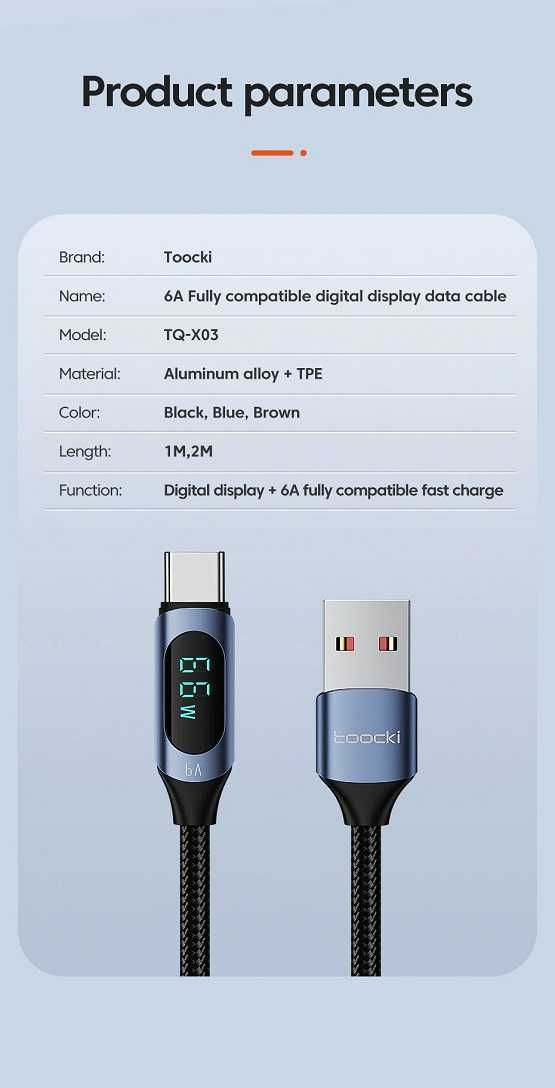 Kabel Toocki USB -USB typ C 2 metry 66W Wyświetlacz Full LED