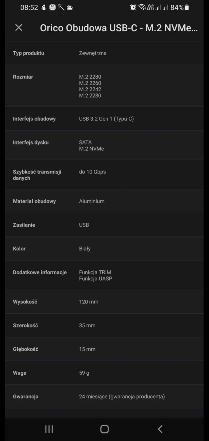 Obudowa unitek USB-C - M.2 NVMe/SATA 10Gbps bardzo szybka