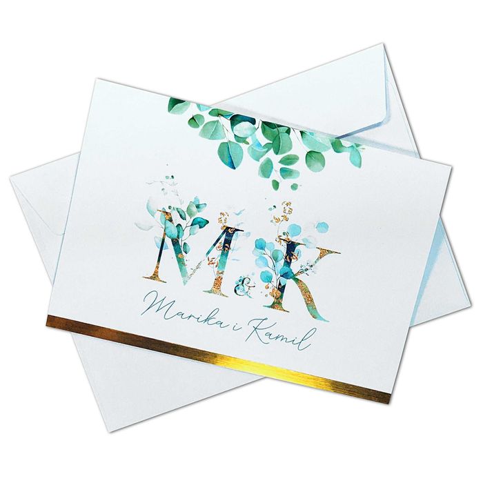 Zaproszenia Ślubne EUKALIPTUS złoty pasek GOLD zaproszenie ślub kopert