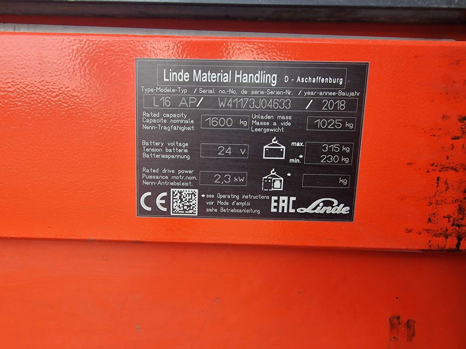 Wózek elektryczny widłowy LINDE L16 AP - 2018 rok