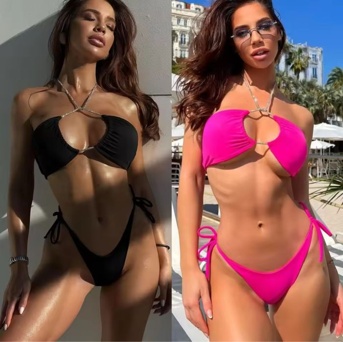 Жіночий рожевий купальник роздільний сексуальний з блискучими стрінги