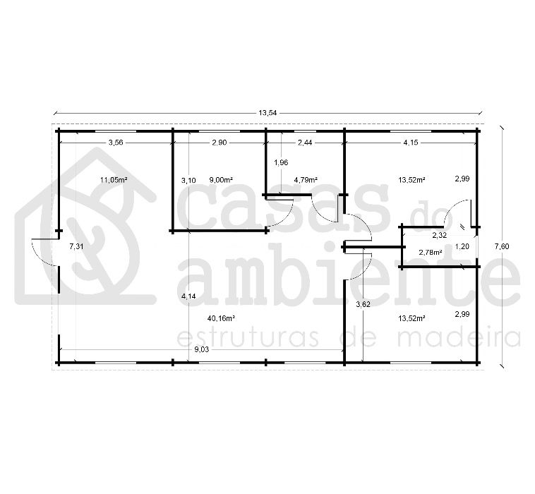 Casa de Madeira Pré-fabricada de 103m2 (T3 com 2wc)