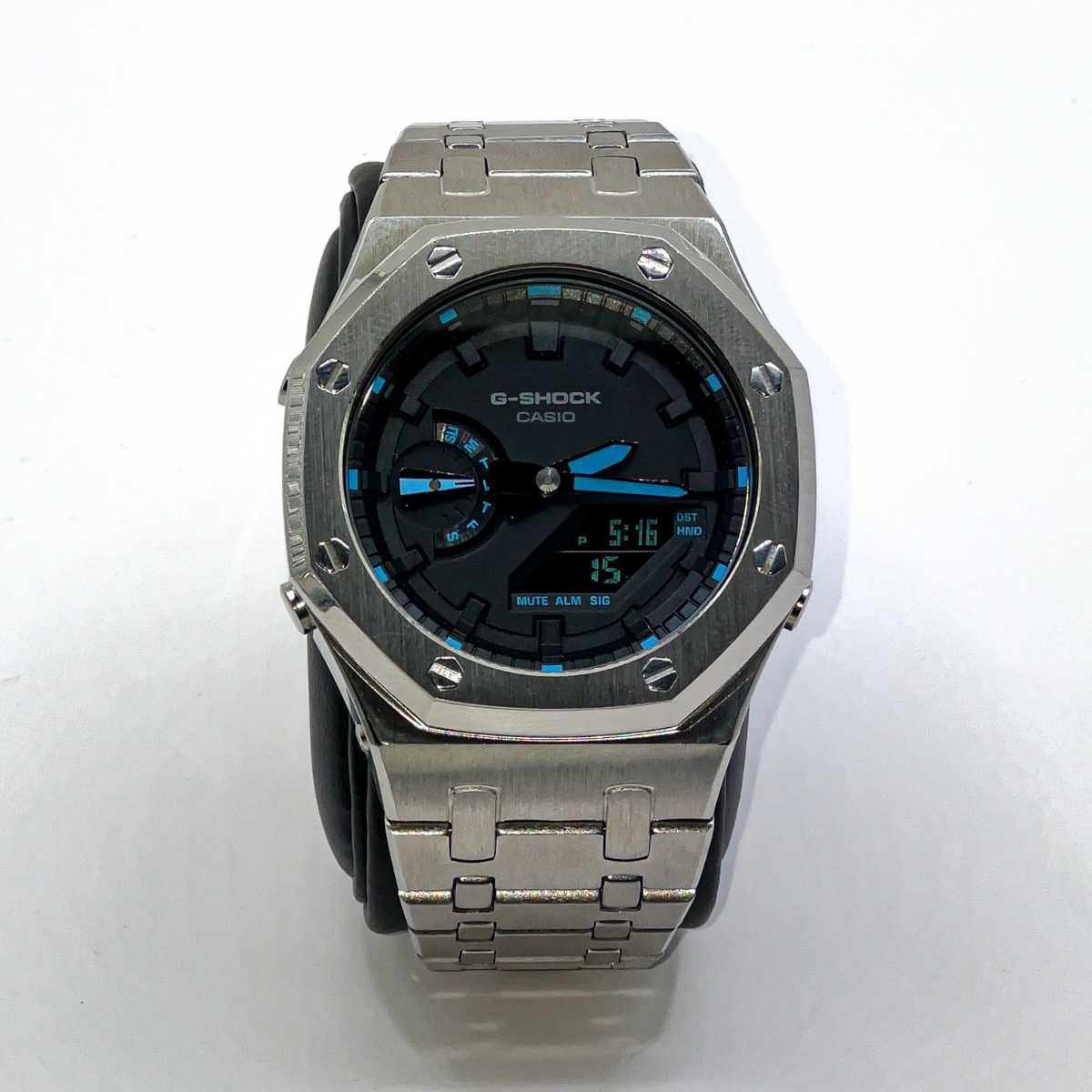 Spersonalizowany Stalowy Casioak G-SHOCK Niebieskie Akcenty